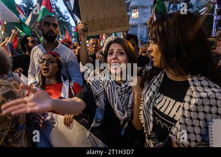 Barcelona, Spanien. Oktober 2023. Die Demonstranten halten Plakate, während sie während einer Demonstration in Solidarität mit Palästina Slogans singen. Die palästinensische Diaspora und andere propalästinensische Demonstranten gingen in einer Demonstration auf die Straßen von Barcelona, um die Gewalt gegen das palästinensische Volk zu verurteilen und ein Ende der israelischen Apartheid zu fordern. (Credit Image: © Axel Miranda/SOPA Images via ZUMA Press Wire) NUR REDAKTIONELLE VERWENDUNG! Nicht für kommerzielle ZWECKE! Stockfoto