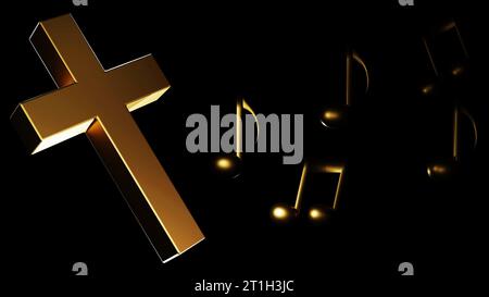 Christliches Kreuz und Musiknoten in der Umgebung mit schwachem Licht 3D-Rendering mit schwarzem Hintergrund Stockfoto