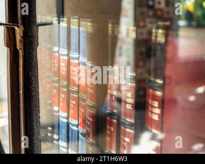 Bücher und Enzyklopädien im alten Glaskasten Stockfoto