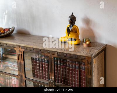 Bücher und Enzyklopädien im alten Glaskasten mit Metall, Buddhafigur auf Bücherregal Stockfoto