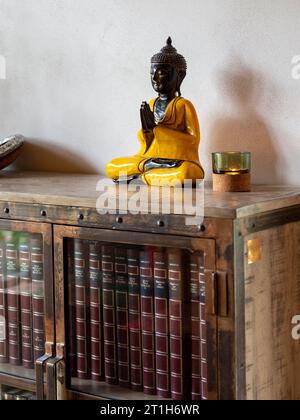 Bücher und Enzyklopädien im alten Glaskasten mit Metall, Buddhafigur auf Bücherregal Stockfoto