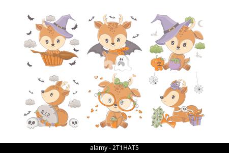 Set Cartoon Halloween Deer. Sammlung von niedlichen Vektor Halloween Tier Illustrationen. Stock Vektor