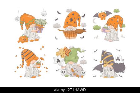 Set von Cartoon Halloween Gnome. Sammlung von niedlichen Vektor Halloween Zwerg Illustrationen. Stock Vektor