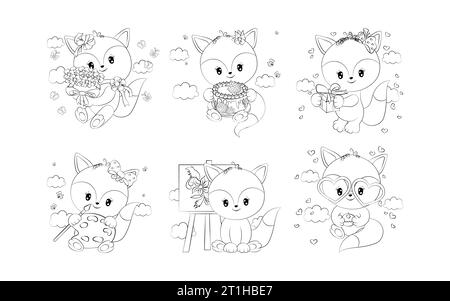 Set der Cartoon-Seite für die Ausmalung von Fuchs. Sammlung von niedlichen Vector Cartoon Forest Animals Outline Stock Vektor