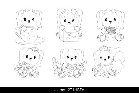 Satz der Karikaturseite für isolierten Hund. Sammlung von niedlichen Vector Cartoon Haustier Tiere Outline Stock Vektor