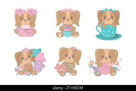 Set von Cartoon isolierter Hund. Sammlung von niedlichen Vector Cartoon Puppy Illustrationen Stock Vektor