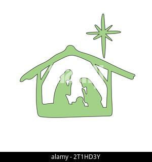 Schwarze Linienzeichnung des geborenen Jesus mit Joseph und Maria Illustrationsvektor handgezeichnet Stock Vektor