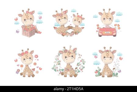 Set von Cartoon isolierte Giraffe. Sammlung von niedlichen Vektor-Cartoon-Tierillustrationen Stock Vektor