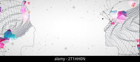 Kontur eines menschlichen Kopfes mit abstrakter Welle. Plexus-Effekt. Stock Vektor