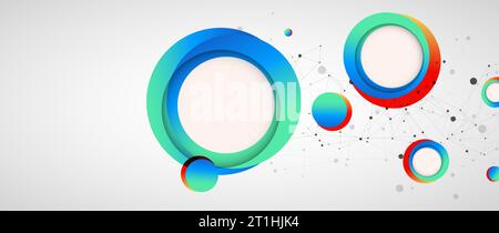 Mehrfarbige Kreise, die auf einer Plexusabstraktion angeordnet sind, zur Verwendung in wissenschaftlichen oder technischen Bereichen. Geometrischer abstrakter Hintergrund mit verbundenen Punkten und Stock Vektor