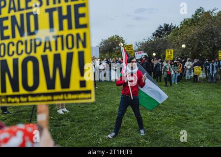 Ein Demonstrant hält eine palästinensische Flagge während einer Demonstration in Solidarität mit Palästina im Cal Anderson Park. Die Kundgebung, die im Cal Anderson Park stattfand, zog eine Vielzahl von Menschen an, die Banner, Fahnen und Schilder mit Botschaften des Friedens und der Gerechtigkeit trugen. Die Redner der Veranstaltung hoben hervor, wie wichtig es ist, das Bewusstsein für den seit langem andauernden Konflikt im Nahen Osten und seine Auswirkungen auf das palästinensische Volk zu schärfen. Sie betonten die Notwendigkeit einer friedlichen Beilegung, die die Rechte und die würde aller Beteiligten achtet. Stockfoto
