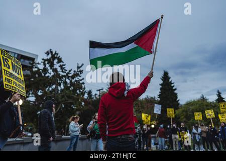 Ein Demonstrant hält eine palästinensische Flagge während einer Demonstration in Solidarität mit Palästina im Cal Anderson Park. Die Kundgebung, die im Cal Anderson Park stattfand, zog eine Vielzahl von Menschen an, die Banner, Fahnen und Schilder mit Botschaften des Friedens und der Gerechtigkeit trugen. Die Redner der Veranstaltung hoben hervor, wie wichtig es ist, das Bewusstsein für den seit langem andauernden Konflikt im Nahen Osten und seine Auswirkungen auf das palästinensische Volk zu schärfen. Sie betonten die Notwendigkeit einer friedlichen Beilegung, die die Rechte und die würde aller Beteiligten achtet. Stockfoto