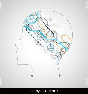 Künstliche Intelligenz (KI) und Big-Data-Konzept. Computer-Cyber-Mind. Humen Face mit binärem Datenfluss. Hintergrund des Technologievektors. Stock Vektor