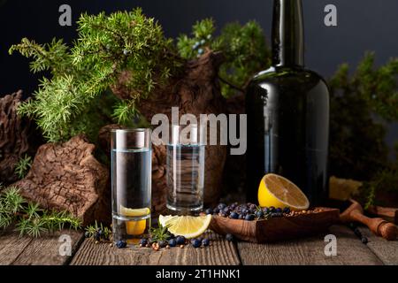 Blauer Gin und wacholderzweige auf einem alten Holztisch. Gin mit Zutaten – wacholderbeeren, Koriandersamen und Zitronenscheiben. Stockfoto