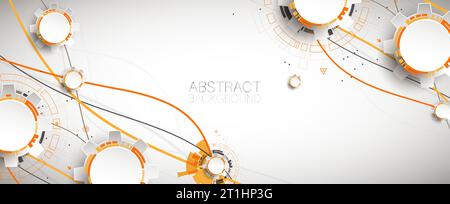 Abstrakter orangefarbener Technologiehintergrund mit verschiedenen technologischen Elementen. Stock Vektor