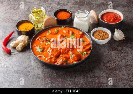 Chicken Tikka Masala scharfes Curry Fleisch Essen über dunklem Betonhintergrund Nahaufnahme. Horizontal Stockfoto