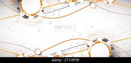 Abstrakter orangefarbener Technologiehintergrund mit verschiedenen technologischen Elementen. Stock Vektor