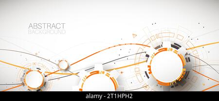 Abstrakter orangefarbener Technologiehintergrund mit verschiedenen technologischen Elementen. Stock Vektor