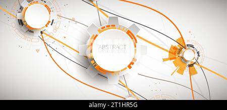Abstrakter orangefarbener Technologiehintergrund mit verschiedenen technologischen Elementen. Stock Vektor
