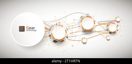 Abstrakter orangefarbener Technologiehintergrund mit verschiedenen technologischen Elementen. Stock Vektor