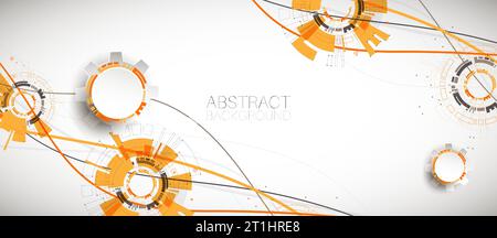 Abstrakter orangefarbener Technologiehintergrund mit verschiedenen technologischen Elementen. Stock Vektor