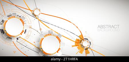 Abstrakter orangefarbener Technologiehintergrund mit verschiedenen technologischen Elementen. Stock Vektor