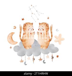 Aquarell Baby süße Komposition mit dem Sternzeichen gemini, Wolke, Sterne, Mond und Sternbild. Perfekt für Ausdrucke, Verpackungen, Karten, Broschüren, b Stockfoto