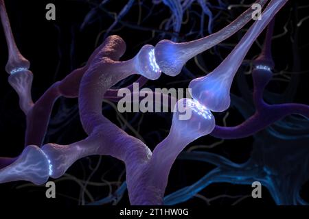 Synapse- und Neuronenzellen senden elektrische chemische Signale . 3D Abbildung Stockfoto