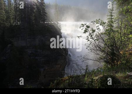 Sunwapta Falls mit Reisenden, die bei Sonnenuntergang im Herbstwald auf Felsen sitzen. Icefields Parkway, Jasper Nationalpark, Kanada. Stockfoto