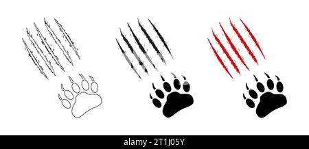 Bär- oder Grizzly-Paw-Aufdruck mit Kratzern. Klauenspuren, Schnitte, Wunden. Silhouette, Kontur. Rote Blutkratzer. Vektor isoliert. Clip Art.. Wildtierpfote mit Klauenspuren. Symbol, Druck, Tattoo, Postkarte Stock Vektor