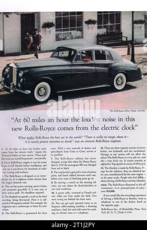 1958 Rolls-Royce Silver Cloud Ad: „Mit 60 km/h kommt das lauteste Geräusch in diesem neuen Rolls-Royce von der elektrischen Uhr. ' Stockfoto
