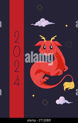 2024 Postkarte, Banner Jahr des chinesischen Drachen, süßer Drache. Vektor-Zeichentrickillustration auf weißem Hintergrund Stock Vektor