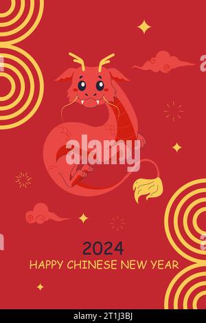 2024 Postkarte, Banner Jahr des chinesischen Drachen, süßer Drache. Vektor-Zeichentrickillustration auf weißem Hintergrund Stock Vektor