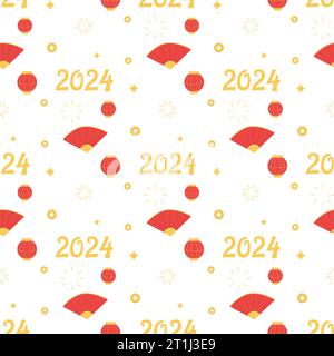 Nahtloses Muster chinesischer Fan, rot süß 2024. Vektor-Zeichentrick-Illustration Stock Vektor