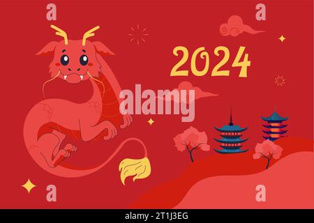 2024 Postkarte, Banner Jahr des chinesischen Drachen, süßer Drache. Vektor-Zeichentrickillustration auf weißem Hintergrund Stock Vektor