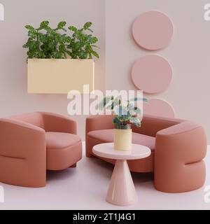 Neutrale Inneneinrichtung mit modernem Raum mit Sofa, Sessel, Tisch und Pflanzen in Vase, 3D-Putz Stockfoto
