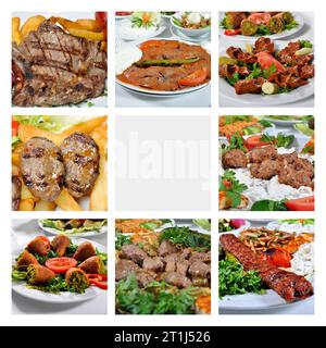 Broschüren- und Flyerarbeiten für türkische Kebab-Restaurants, türkische Küche Kebab-Sorten Collage, transparentes Kebab-Broschürendesign Stockfoto