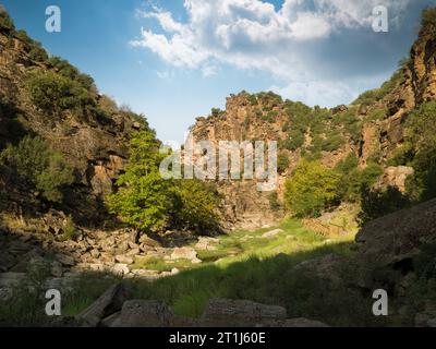 Naturpark Tasyaran Valley (Türkisch; Taşyaran vadisi). Der Blick auf die fantastischen Steinformationen im Canyon im Morgenlicht. Usak - Türkei Stockfoto