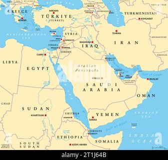 Der nahe Osten, politische Karte. Geopolitische Region, die die Arabische Halbinsel, die Levante, die Türkei, Ägypten, den Iran und den Irak umfasst. Naher Osten. Stockfoto