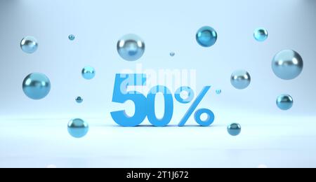 3D-Rendering. 50 % Rabatt mit Blasenkugel und blauem Hintergrund. Sonderangebot 50 % Rabatt Tag. Super-Angebot und Bestseller. Stockfoto