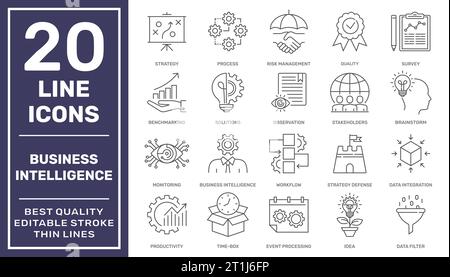 Symbolgruppe für Business Intelligence. Verschiedene Business Intelligence-Tools. Geschäftsintegrationsmodell. Bearbeitbare Kontur. EPS 10 Stock Vektor