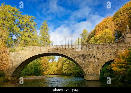 Brücke von Avon über den Fluss Avon bei Ballindalloch in Moray Schottland die Steinbrücke und Bäume in frühen herbstlichen Farben Stockfoto