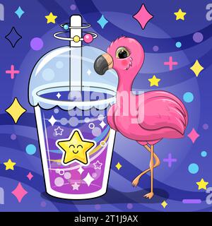Niedlicher rosafarbener Comic-Flamingo mit Sterngetränk. Vektor-Illustration eines Tieres und einer Tasse farbenfrohen Wassers auf einem dunkelblauen Hintergrund mit Sternen und Punkten Stock Vektor