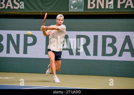 Stockholm, Kungliga tennishallen, Tomáš Macháč gegen Duje Ajduković. Tomáš Macháč gewinnt in zwei Sätzen. Tomáš Macháč Stockfoto