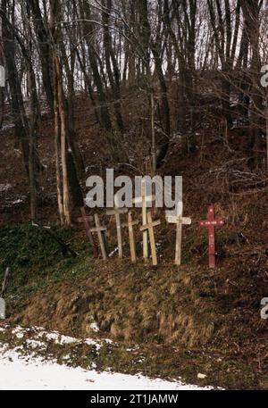 Tutana, Landkreis Arges, Rumänien, 2000. Kreuze am Straßenrand zum Gedenken an die Toten im Dorf. Stockfoto