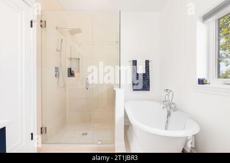 Das Badezimmer verfügt über eine begehbare Dusche mit braunen Fliesen und eine freistehende Badewanne mit poliertem Chromhahn. Keine Marken oder Etiketten. Stockfoto