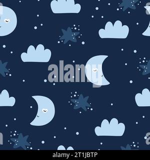 Nahtloses kindliches Muster mit Monden, Wolken und Sternen. Stock Vektor