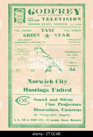 1953/54 FA Cup 3. Runde Replay Programm, Norwich City gegen Hastings United Stockfoto