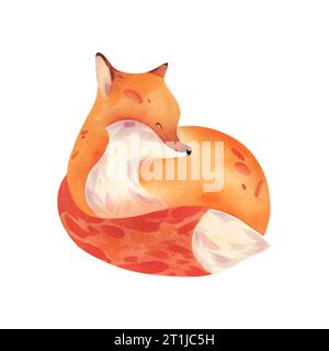 Ein Fuchs in liegender Position. Aquarellabbildung. Waldtiere für Kinder. Handbemalt Stockfoto