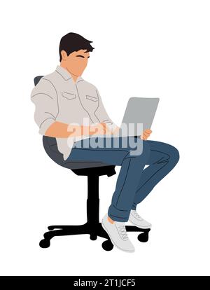 Geschäftsmann sitzt auf Stuhl und arbeitet am Laptop. Stock Vektor